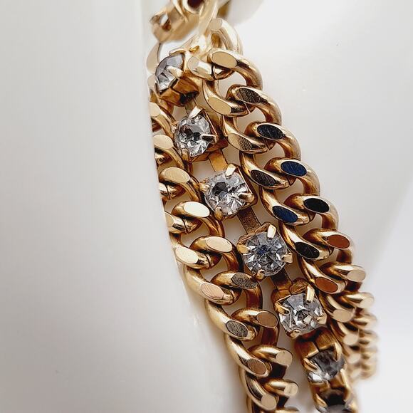 Vintage Wide Three Strand Gold Tone Bracelet - 7 1/4 Inches, Curb Rhinestones - Picture 9 of 10